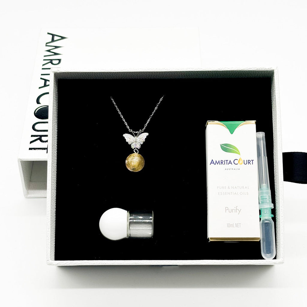 Sterling Silver Diamond Butterfly Aroma Necklace - Pink | Energy & Healing | Diffuse on the go