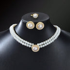 Elegant Anniversary Wedding Jewelry set Imitation Pearl Chain Collar Necklace Finger Ring and Stud Earrings for Women-1