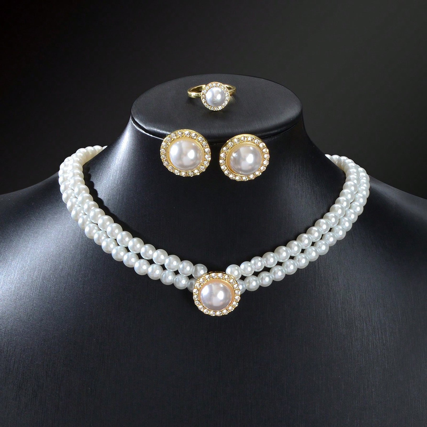 Elegant Anniversary Wedding Jewelry set Imitation Pearl Chain Collar Necklace Finger Ring and Stud Earrings for Women-1