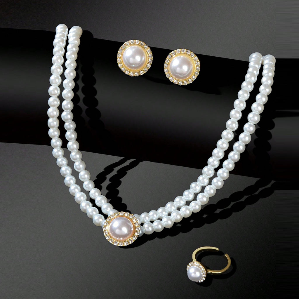 Elegant Anniversary Wedding Jewelry set Imitation Pearl Chain Collar Necklace Finger Ring and Stud Earrings for Women-2