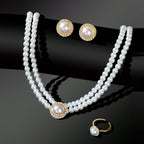 Elegant Anniversary Wedding Jewelry set Imitation Pearl Chain Collar Necklace Finger Ring and Stud Earrings for Women-2