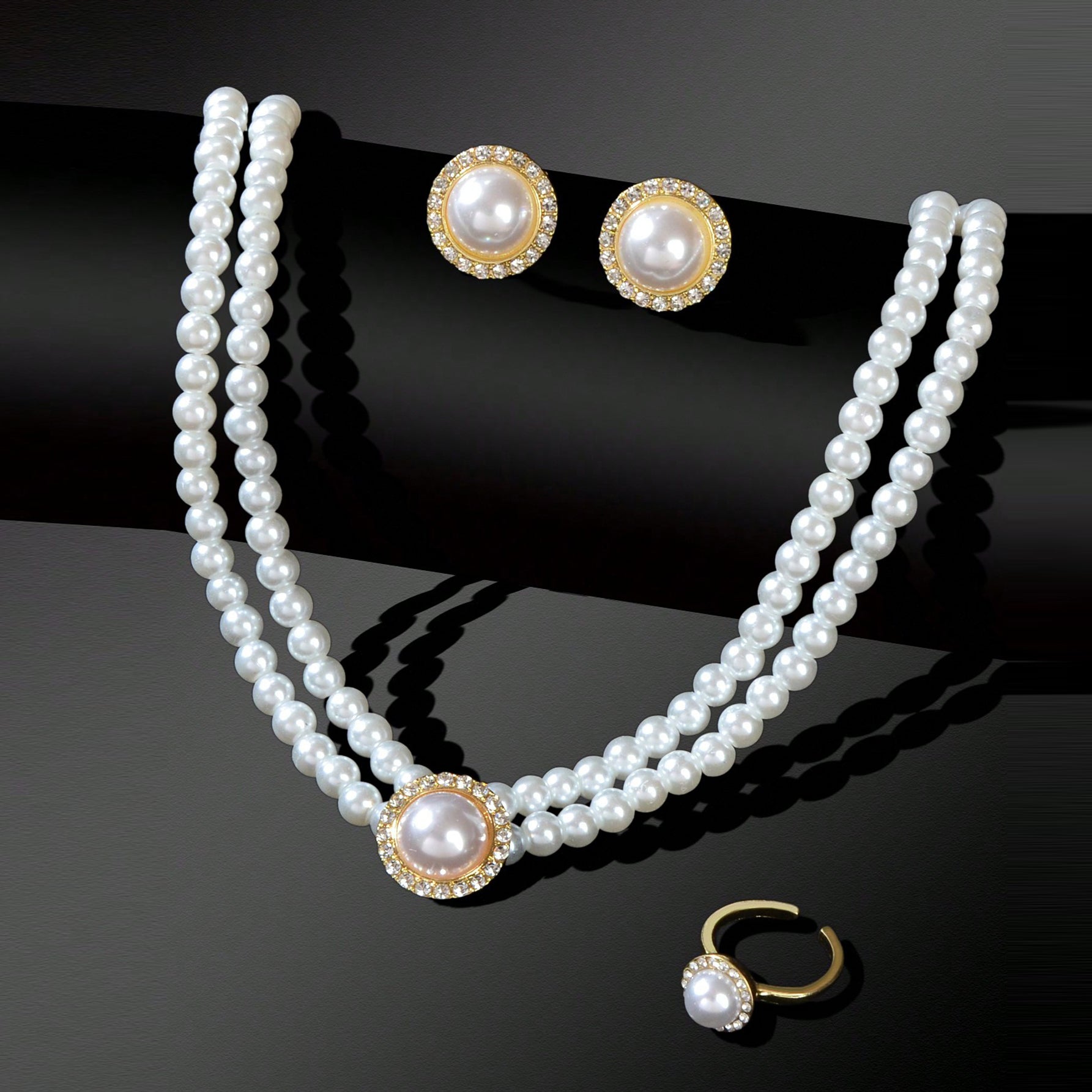 Elegant Anniversary Wedding Jewelry set Imitation Pearl Chain Collar Necklace Finger Ring and Stud Earrings for Women-2