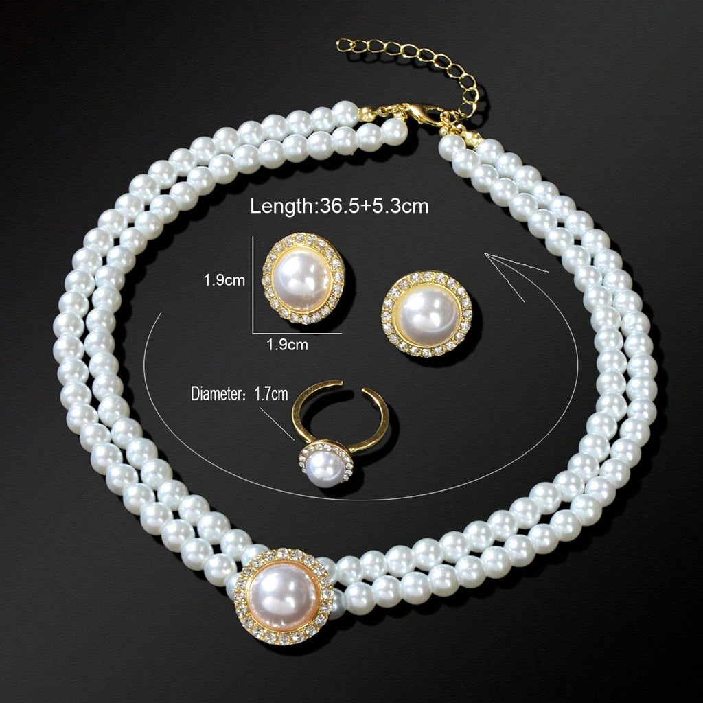 Elegant Anniversary Wedding Jewelry set Imitation Pearl Chain Collar Necklace Finger Ring and Stud Earrings for Women-3