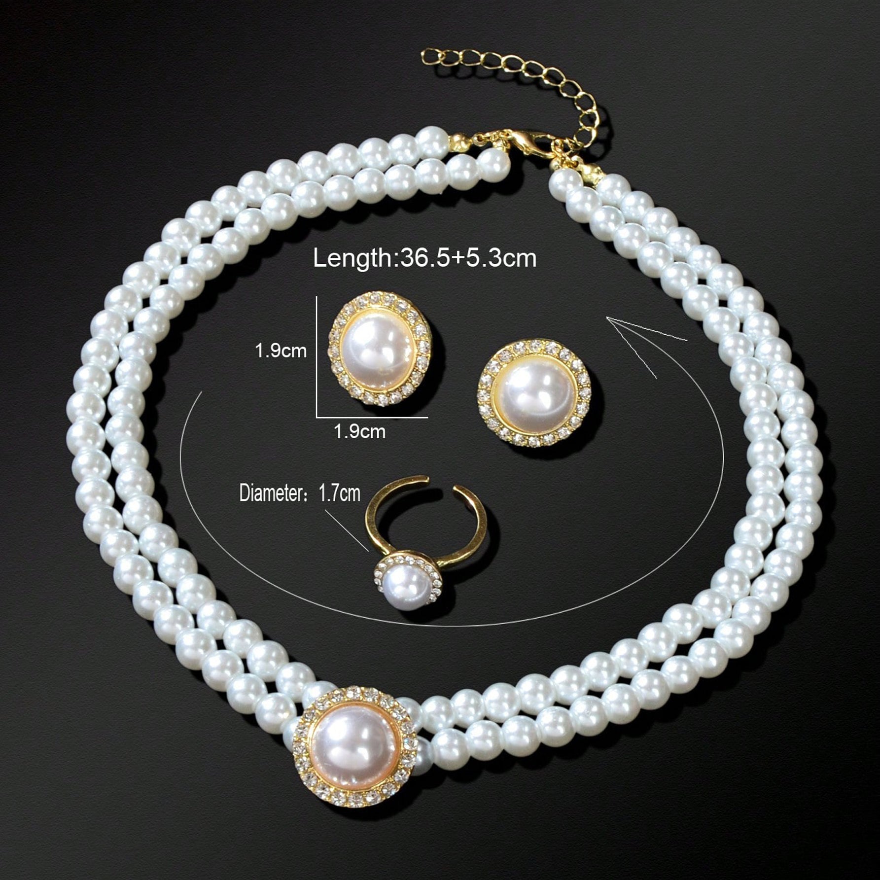 Elegant Anniversary Wedding Jewelry set Imitation Pearl Chain Collar Necklace Finger Ring and Stud Earrings for Women-3