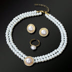 Elegant Anniversary Wedding Jewelry set Imitation Pearl Chain Collar Necklace Finger Ring and Stud Earrings for Women-4