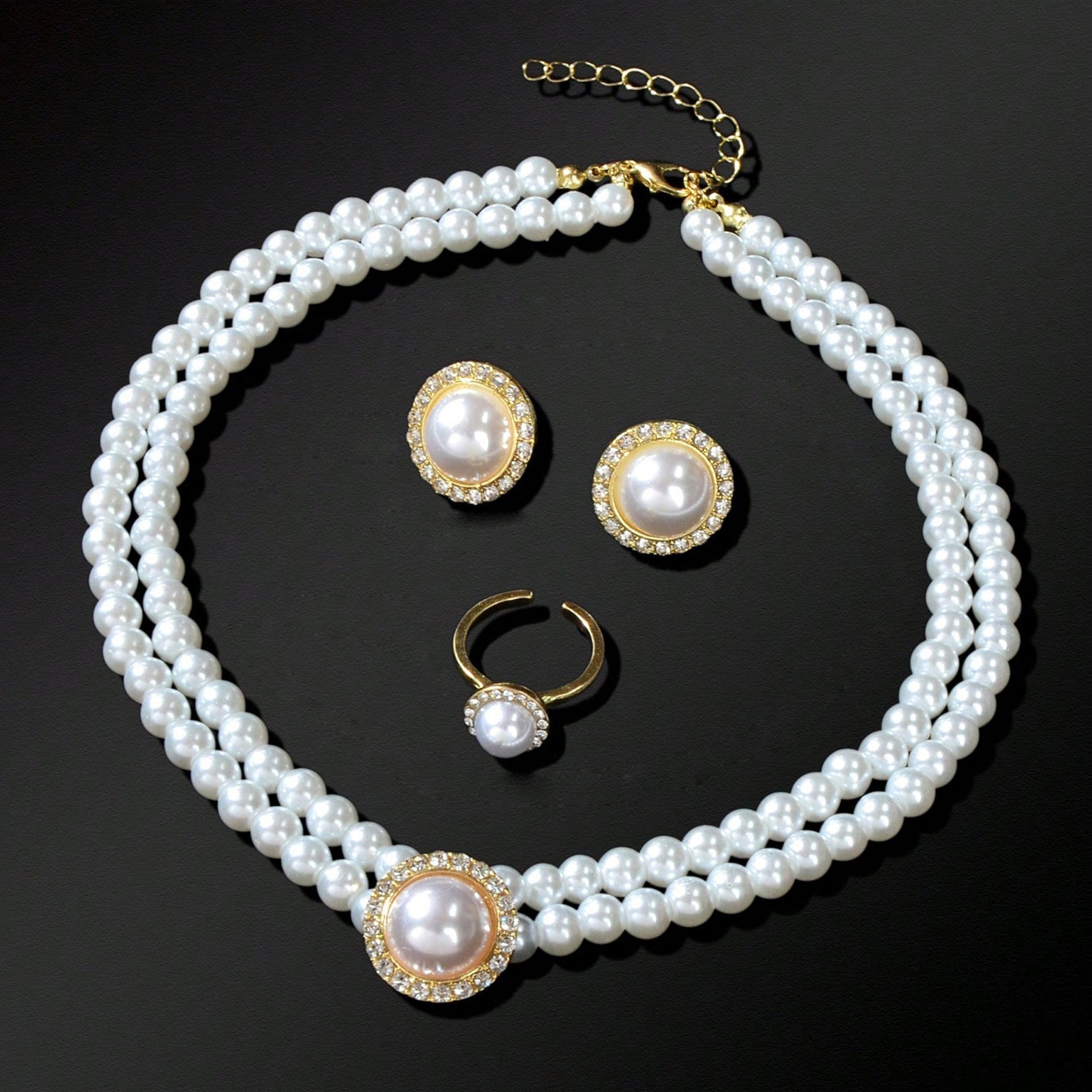 Elegant Anniversary Wedding Jewelry set Imitation Pearl Chain Collar Necklace Finger Ring and Stud Earrings for Women-4