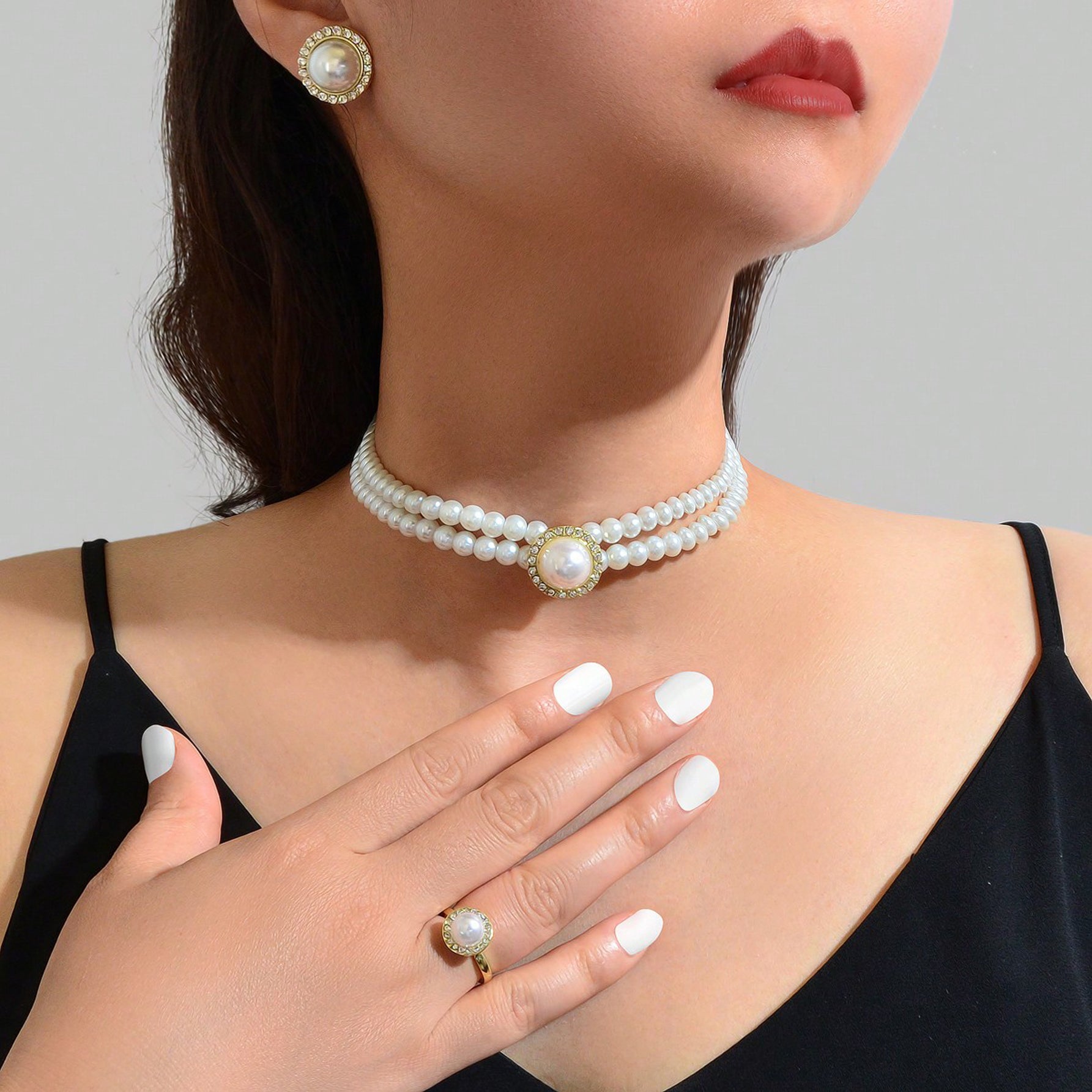 Elegant Anniversary Wedding Jewelry set Imitation Pearl Chain Collar Necklace Finger Ring and Stud Earrings for Women-0