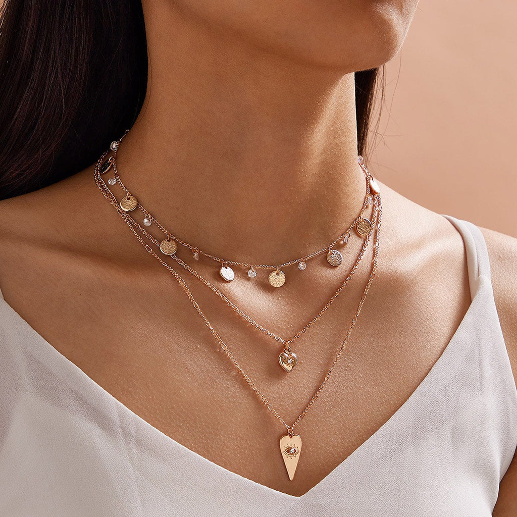 Stylish Triple-Layered Round Disc Heart Pendant Necklace Girls Unique Jewellery