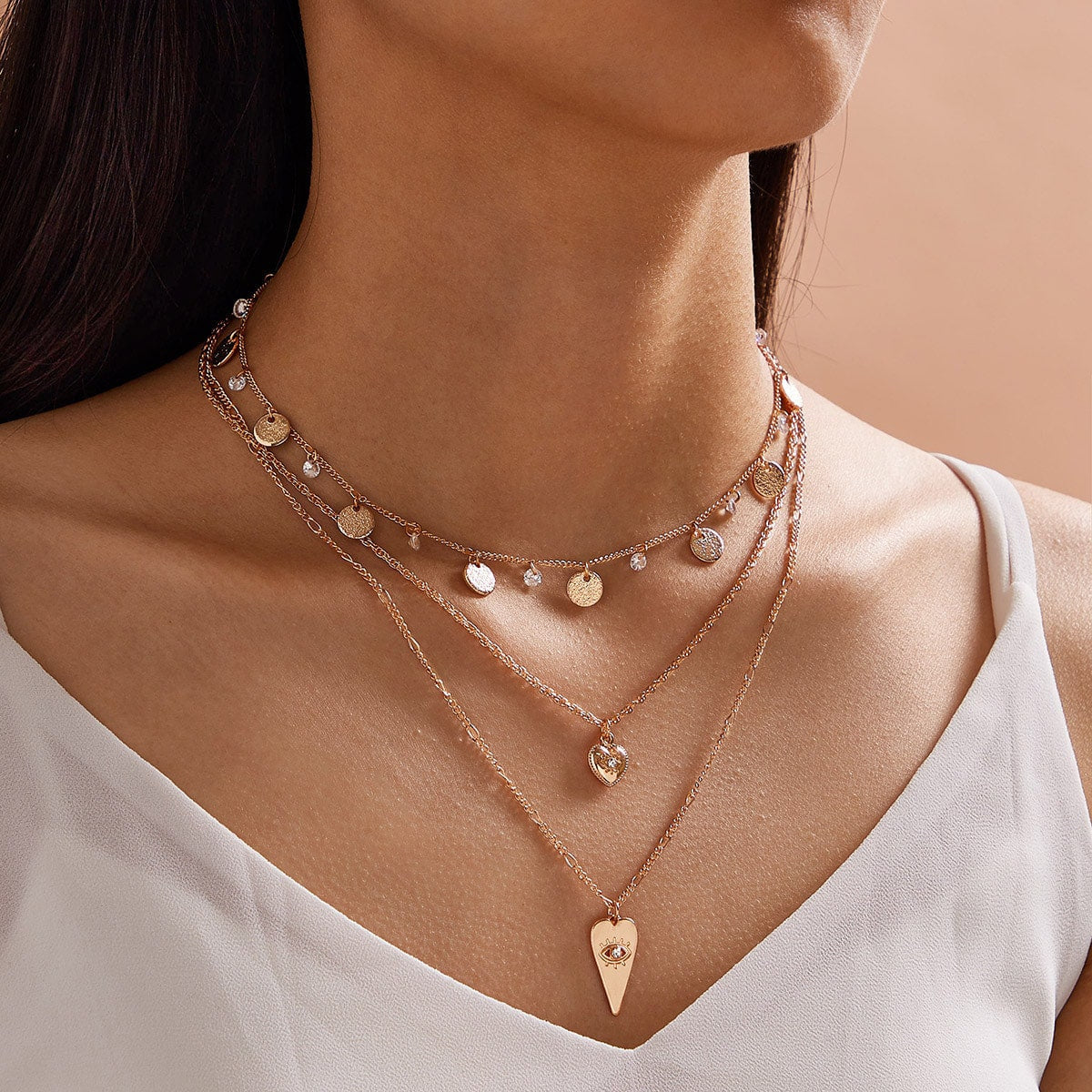 Stylish Triple-Layered Round Disc Heart Pendant Necklace Girls Unique Jewellery
