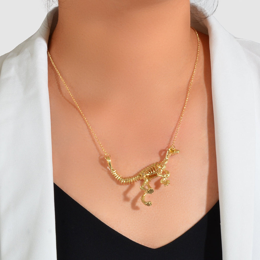 Punk Jewellery Gold Chain Dinosaur Skeleton Statement Pendant Necklace Accessory