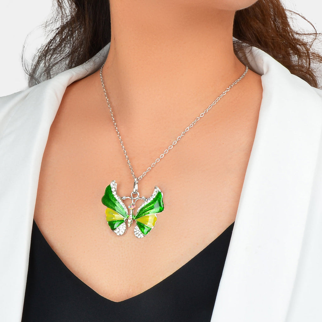 Boho Chic Silver Chain Rhinestone Blue Green Insect Butterfly Pendant Necklace-0