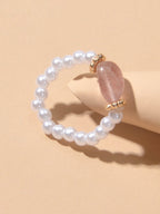 Retro Textured Jewellery Elastic Pearl Natural Stone Finger Ring Band for Women-5