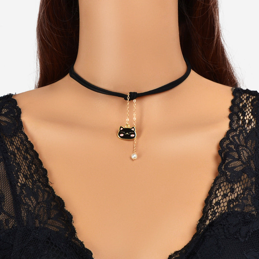 Black Choker Gold Chain Pearl Cat Charm Necklace Lovely Short Women Party Collar