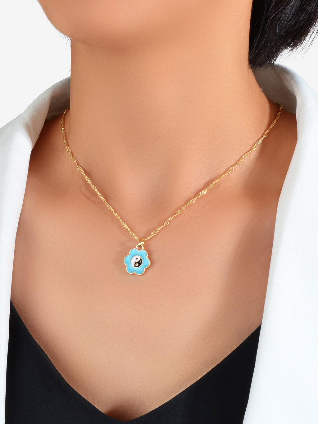 Dainty Gold Chain Yin Yang Tai Chi Blue Flower Charm Best Friends Necklace Gift