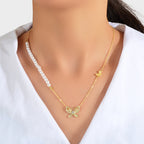 Textured Engagement Gift Jewelry Pearl Beads Chain Rhinestone Butterfly Necklace-0