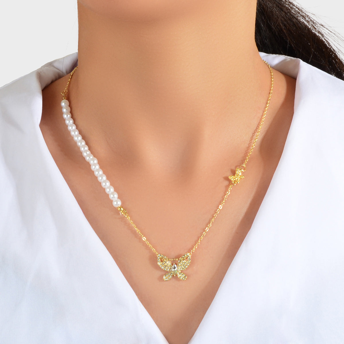 Textured Engagement Gift Jewelry Pearl Beads Chain Rhinestone Butterfly Necklace-0