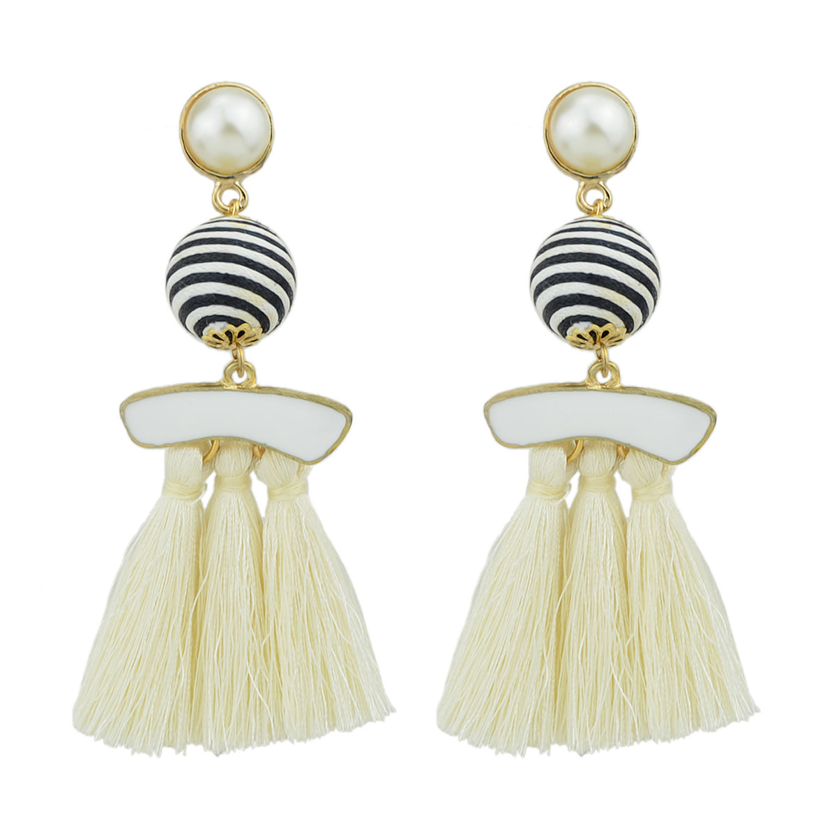 Bohemian Jewellery Ball Black Beige Tassel Dangle Traditional Ethnic Earrings-5