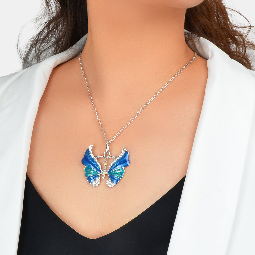 Boho Chic Silver Chain Rhinestone Blue Green Insect Butterfly Pendant Necklace-4