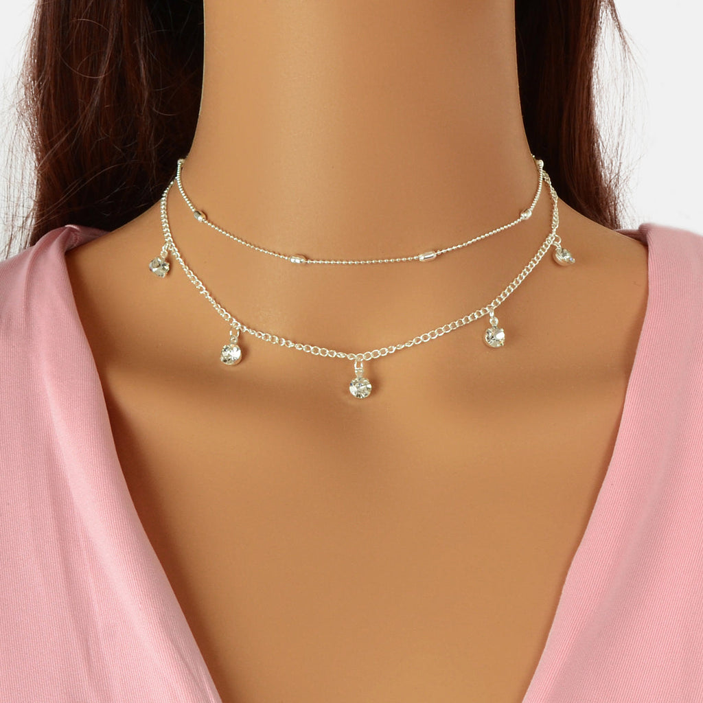 Dainty Adjustable Layer Gold Silver Chain Rhinestone Charm Clavicle Necklace-0