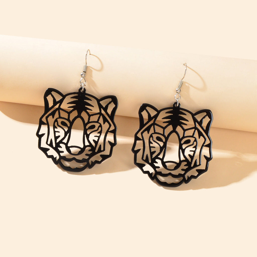 Hollow Black Acrylic Tiger Head Statement Dangle Earrings Women Punk Jewellery