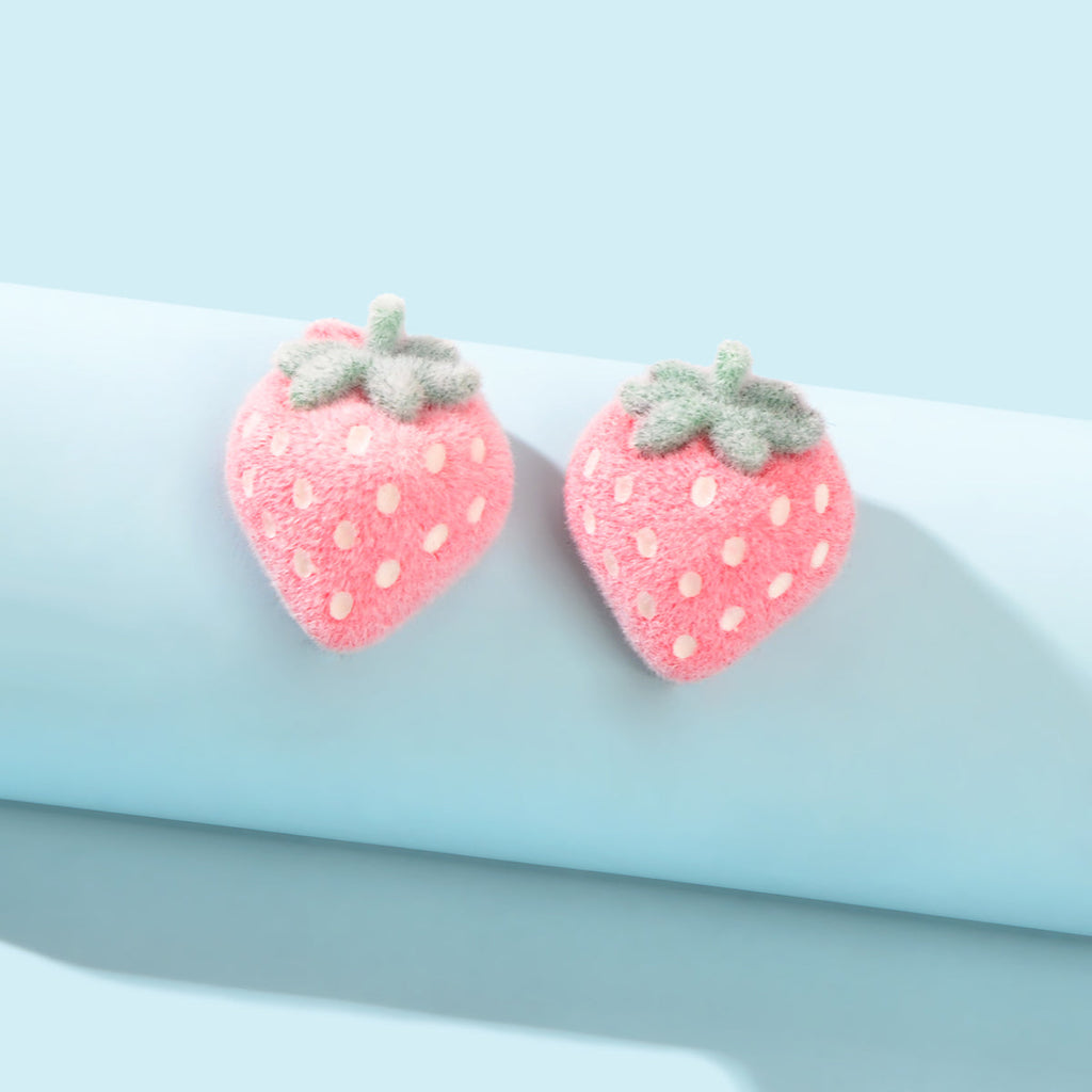 Handmade Cute 3D Flocking Pink Strawberry Stud Sweet Fruit Earring Dainty Gifts-0