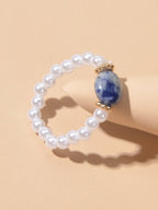 Retro Textured Jewellery Elastic Pearl Natural Stone Finger Ring Band for Women-0