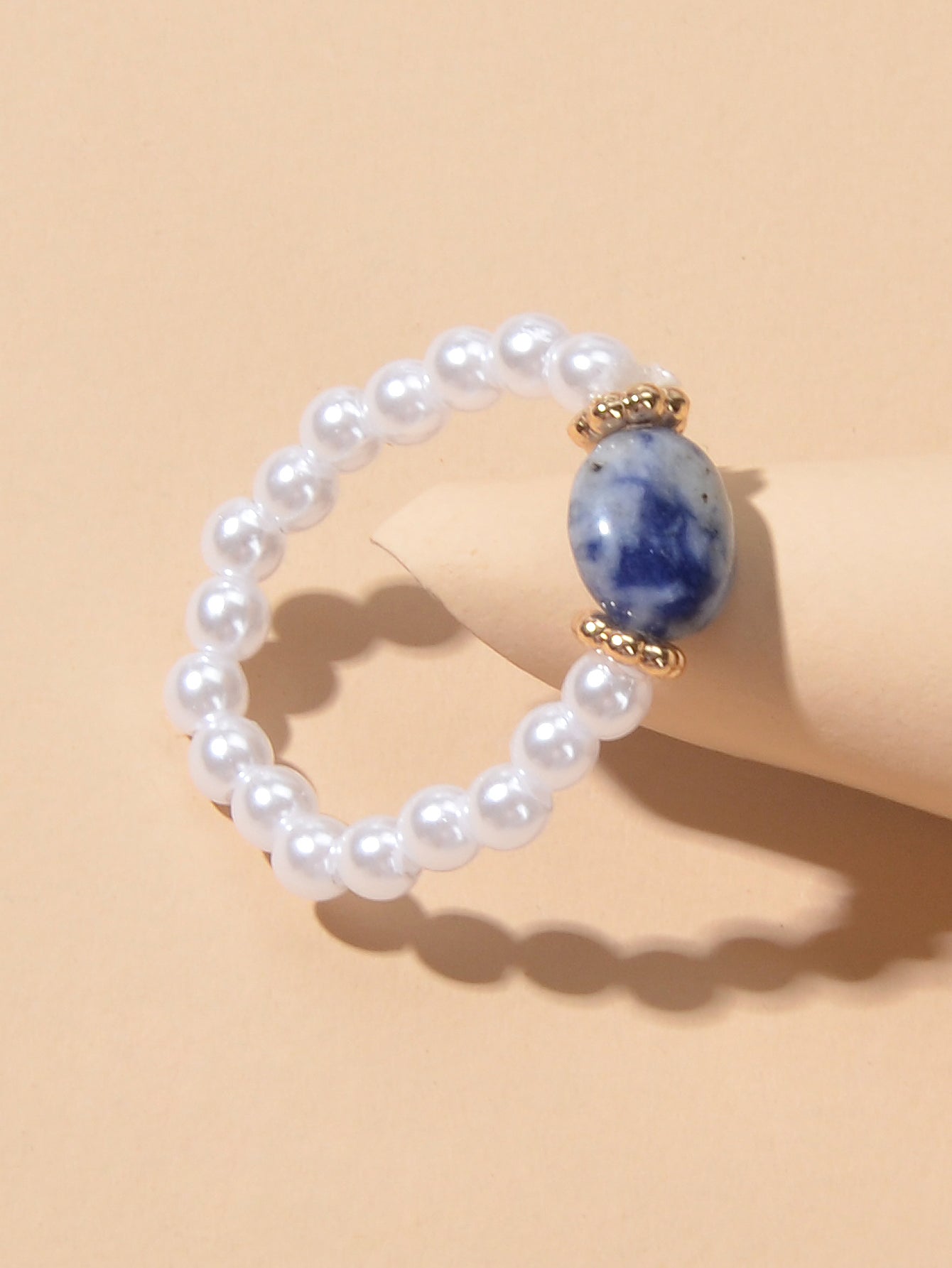 Retro Textured Jewellery Elastic Pearl Natural Stone Finger Ring Band for Women-0