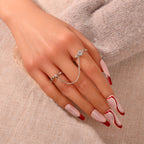 Unique Zirconia Decor Silver Double Fingers Ring with Chain Elegant Accessories-0