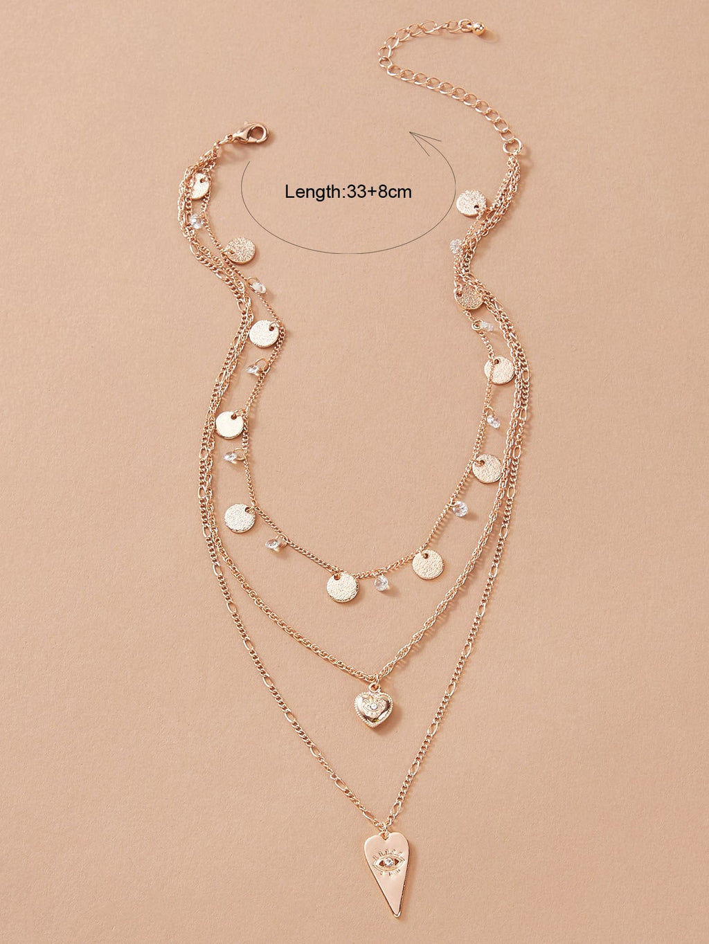 Stylish Triple-Layered Round Disc Heart Pendant Necklace Girls Unique Jewellery