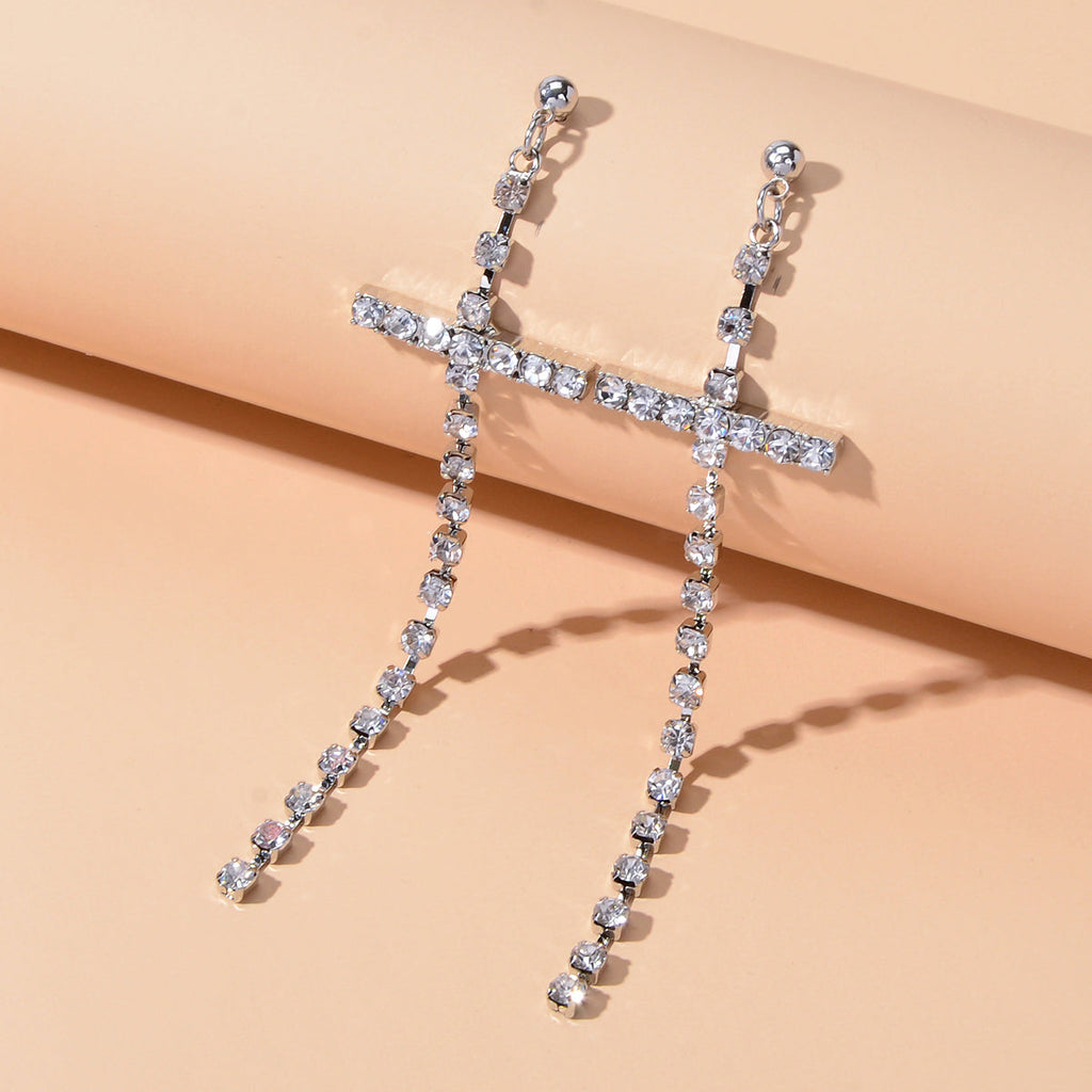 New Style Shining Full Rhinestone Long Silver Chain Cross Dangle Earrings Women-0