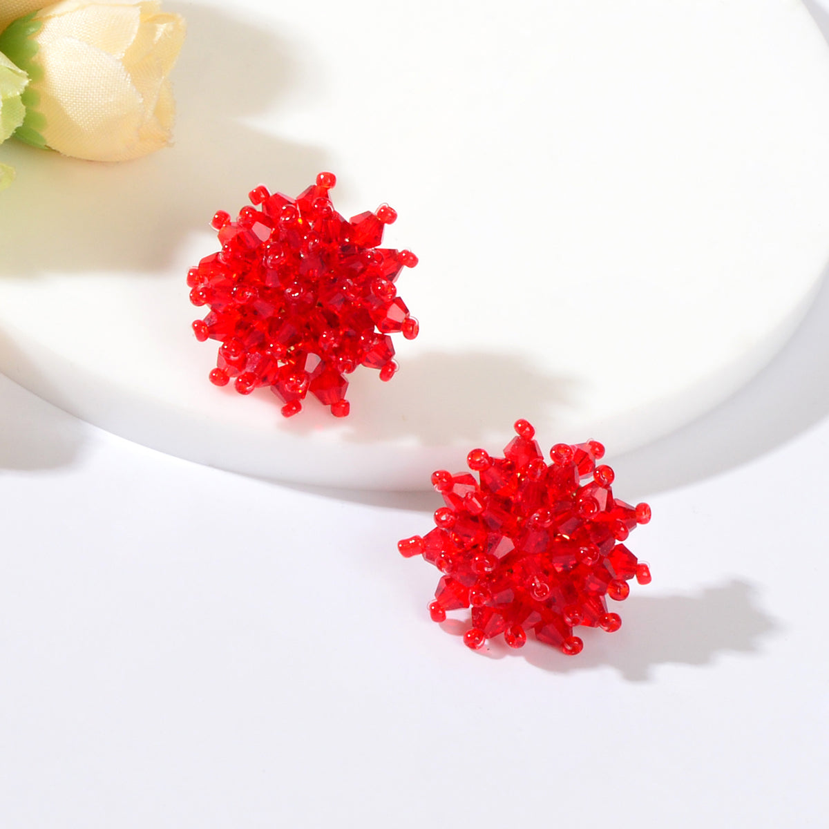 Handmade Red Glass Seed Beads Braided Flower Stud Earrings Ideal Holiday Jewerly