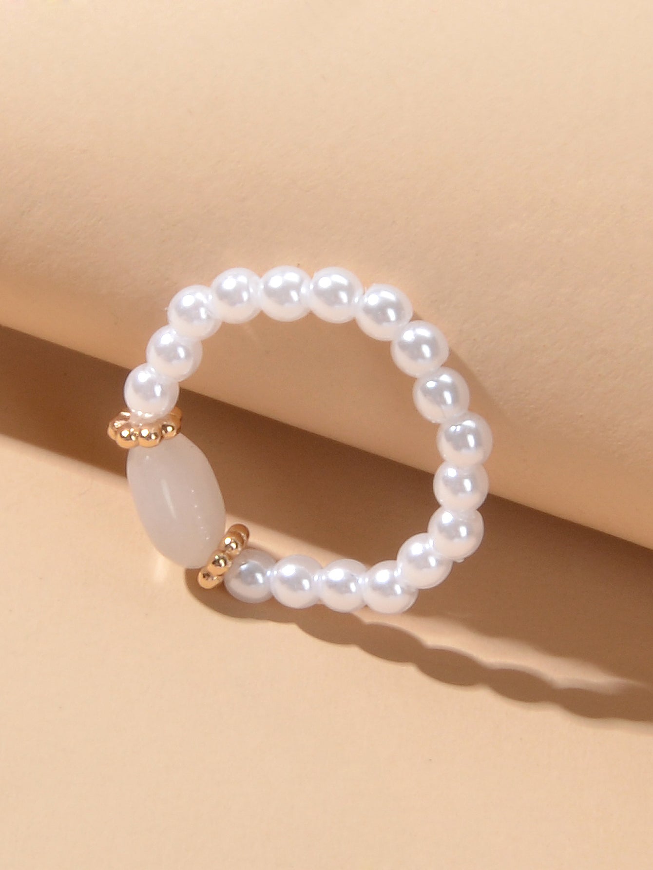 Retro Textured Jewellery Elastic Pearl Natural Stone Finger Ring Band for Women-4