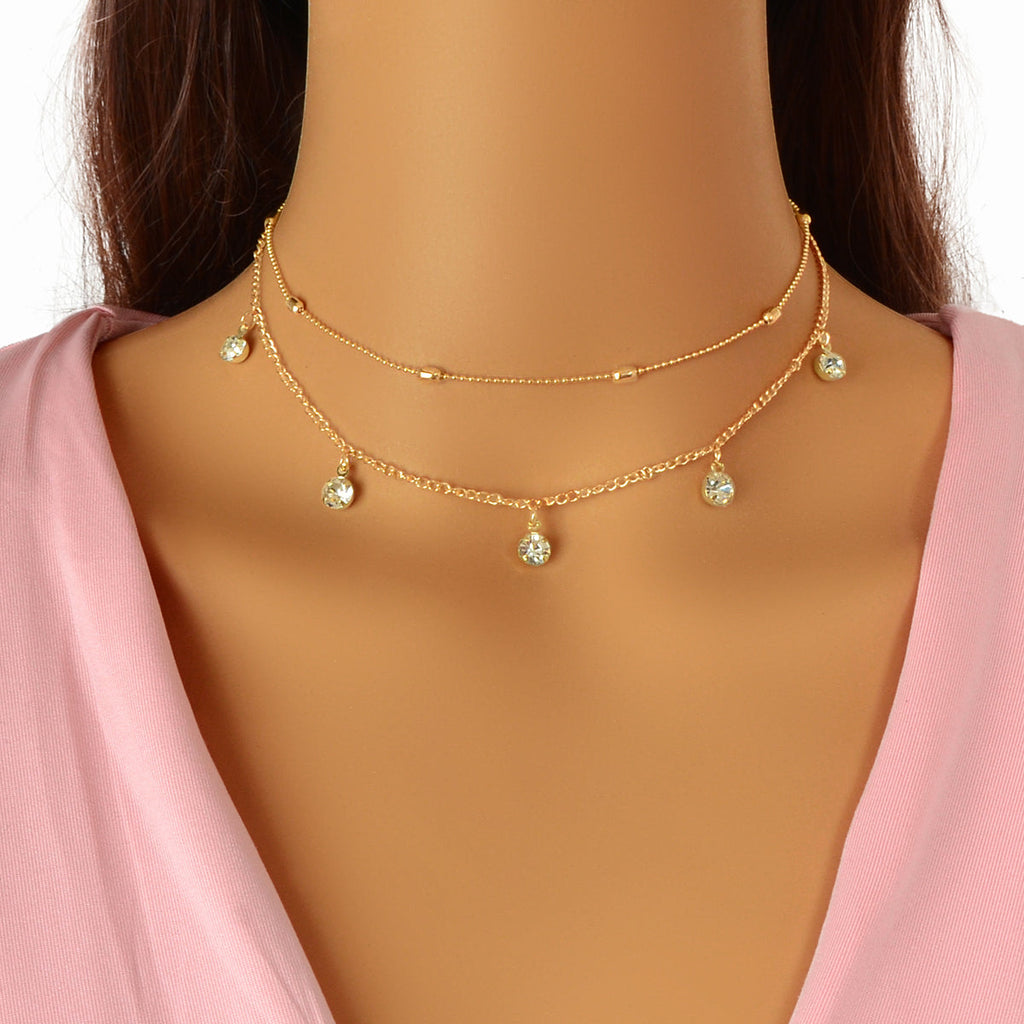 Dainty Adjustable Layer Gold Silver Chain Rhinestone Charm Clavicle Necklace-4