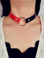 Gothic 90s Silver PU Leather Punk Tattoo Choker Necklace Round Circle Collar-5
