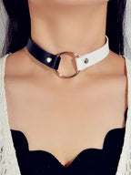 Gothic 90s Silver PU Leather Punk Tattoo Choker Necklace Round Circle Collar-0