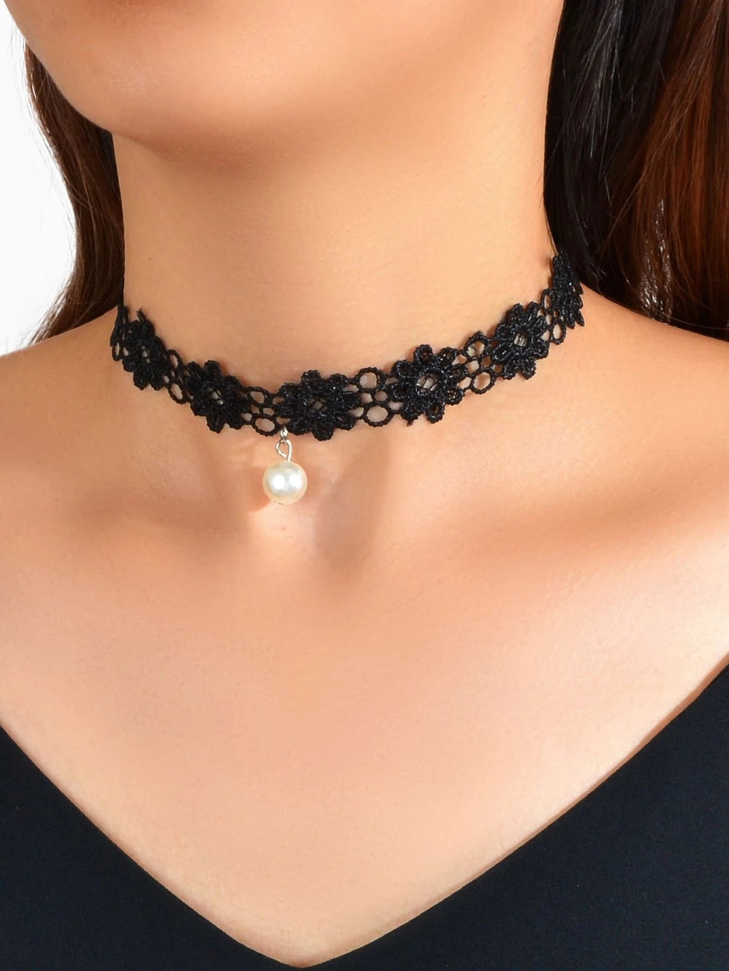 Black Elastic Pearl Charm Lace Flower Boho Gothic 90s Tattoo Choker Retro Collar-0
