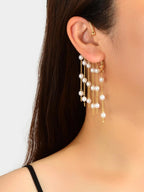 1 pc Pearl Decoration Long Gold Chain Tassel Ear Cuff Dangle Statement Earrings-0