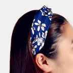 Ethnic Wide Headband White Flower Blue Stretch Elastic Turbans Stylish Hair Band-0