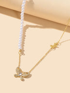 Textured Engagement Gift Jewelry Pearl Beads Chain Rhinestone Butterfly Necklace-1