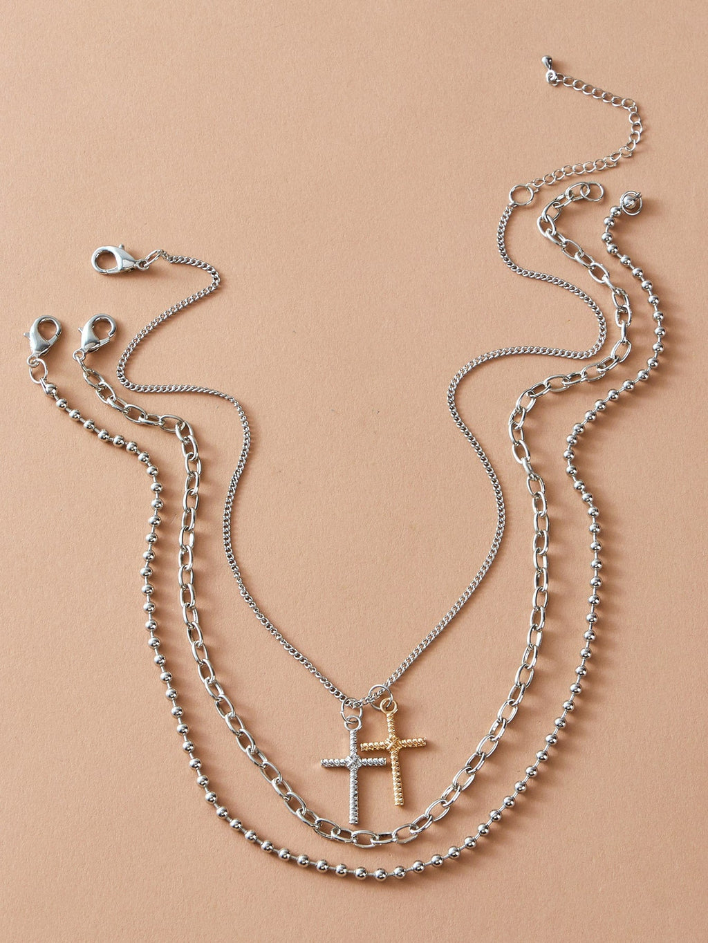 3pcs Punk Jewelry Silver Popcorn Chain Cross Charm Statement Necklace for Women-1