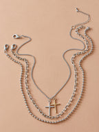 3pcs Punk Jewelry Silver Popcorn Chain Cross Charm Statement Necklace for Women-1