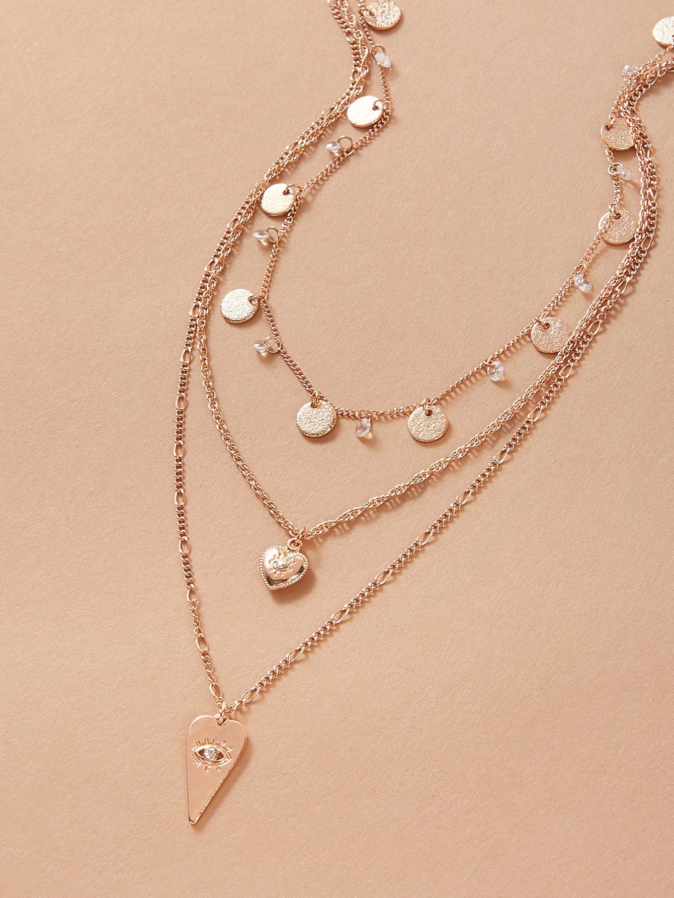 Stylish Triple-Layered Round Disc Heart Pendant Necklace Girls Unique Jewellery