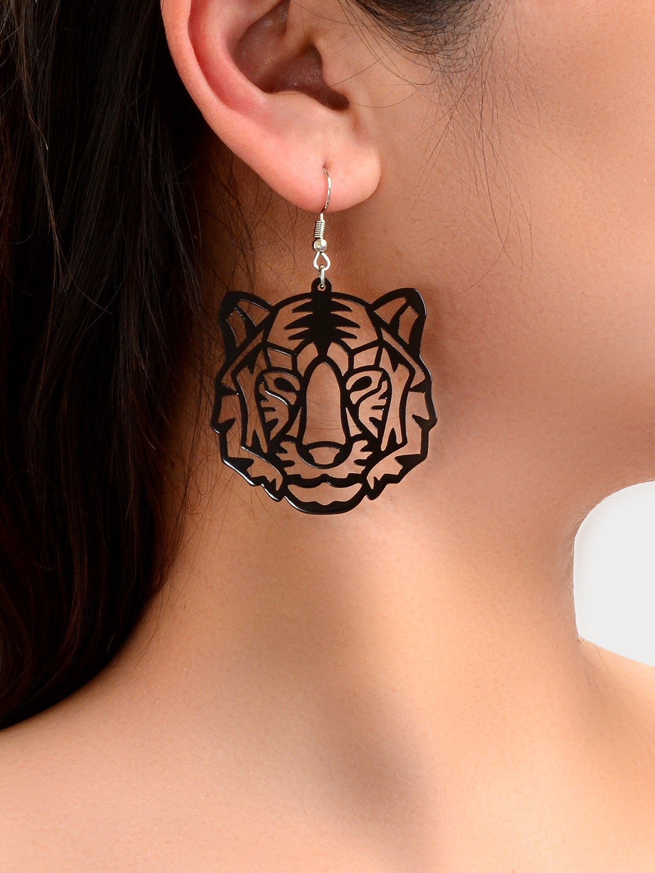 Hollow Black Acrylic Tiger Head Statement Dangle Earrings Women Punk Jewellery