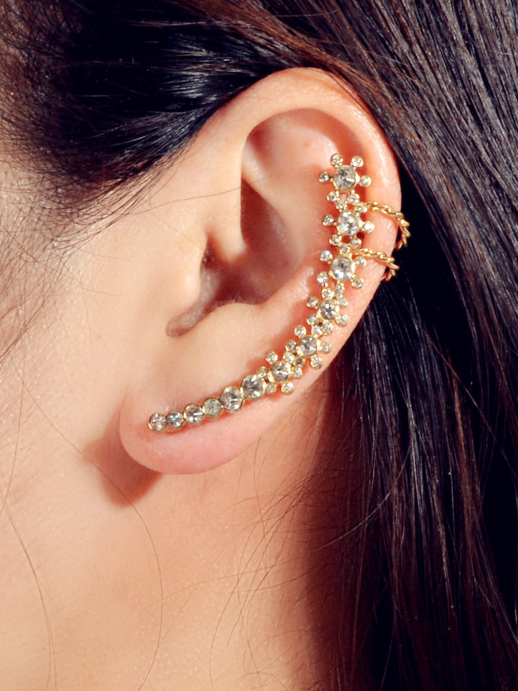 Full Rhinestone Cartilage Gold Flower Crawler Cuff Studs Climber Earrings 1 pc-1