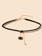 Black Choker Gold Chain Pearl Cat Charm Necklace Lovely Short Women Party Collar