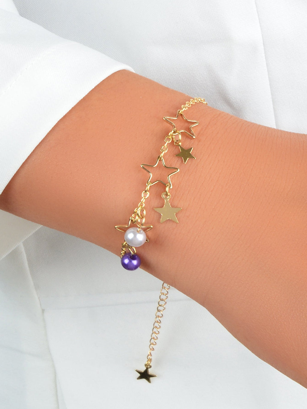 Gold Chain White Purple Beads Star Charm Trendy Bracelet Teen Ladies Jewellery-0