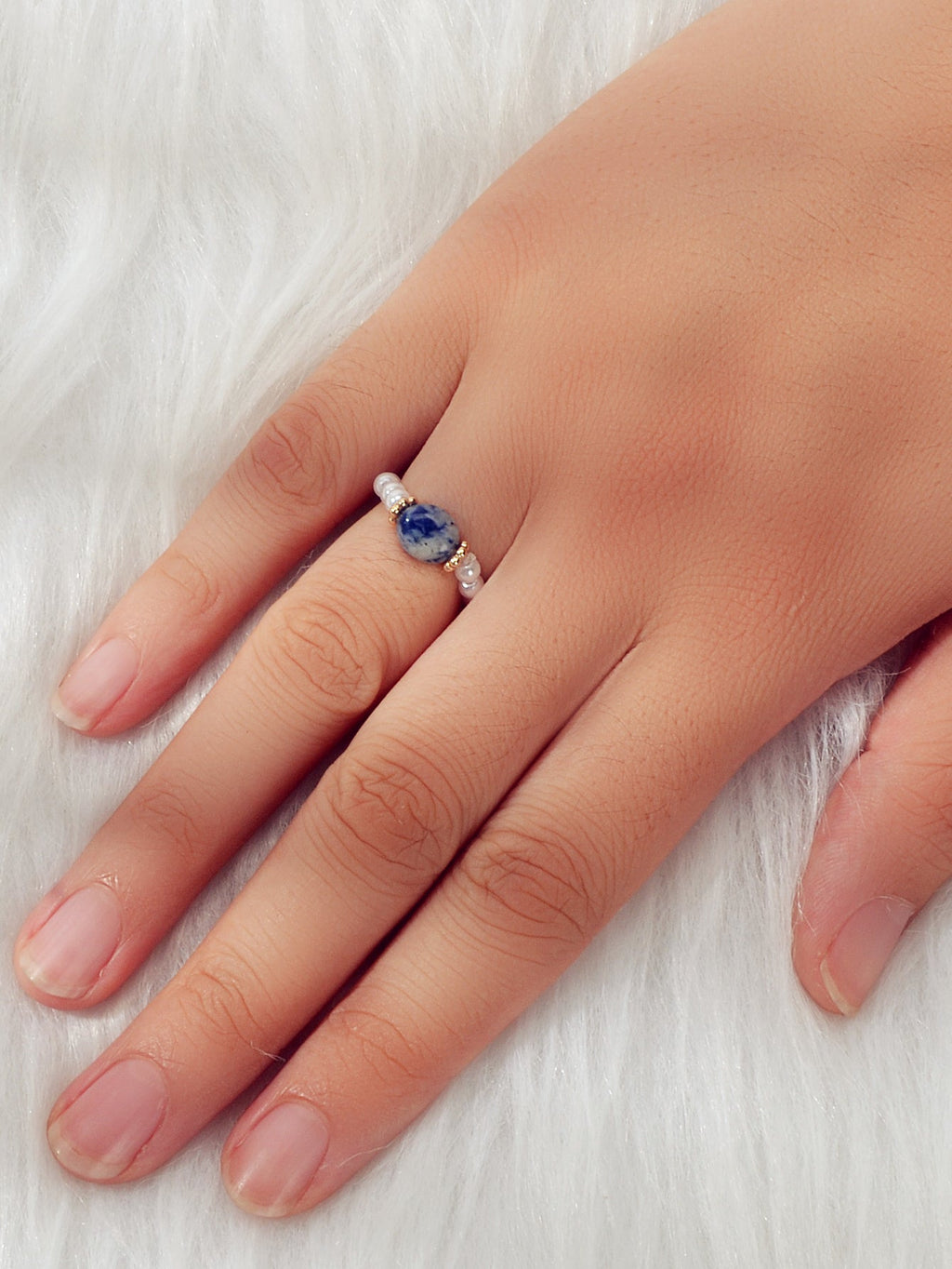 Retro Textured Jewellery Elastic Pearl Natural Stone Finger Ring Band for Women-1