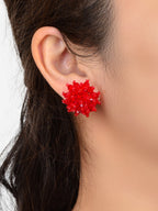 Handmade Red Glass Seed Beads Braided Flower Stud Earrings Ideal Holiday Jewerly