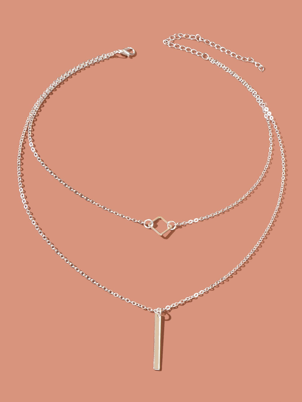 Double Layer Silver Chain Y Style Square Bar Pendant Necklace Party Accessories-1