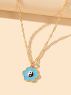 Dainty Gold Chain Yin Yang Tai Chi Blue Flower Charm Best Friends Necklace Gift